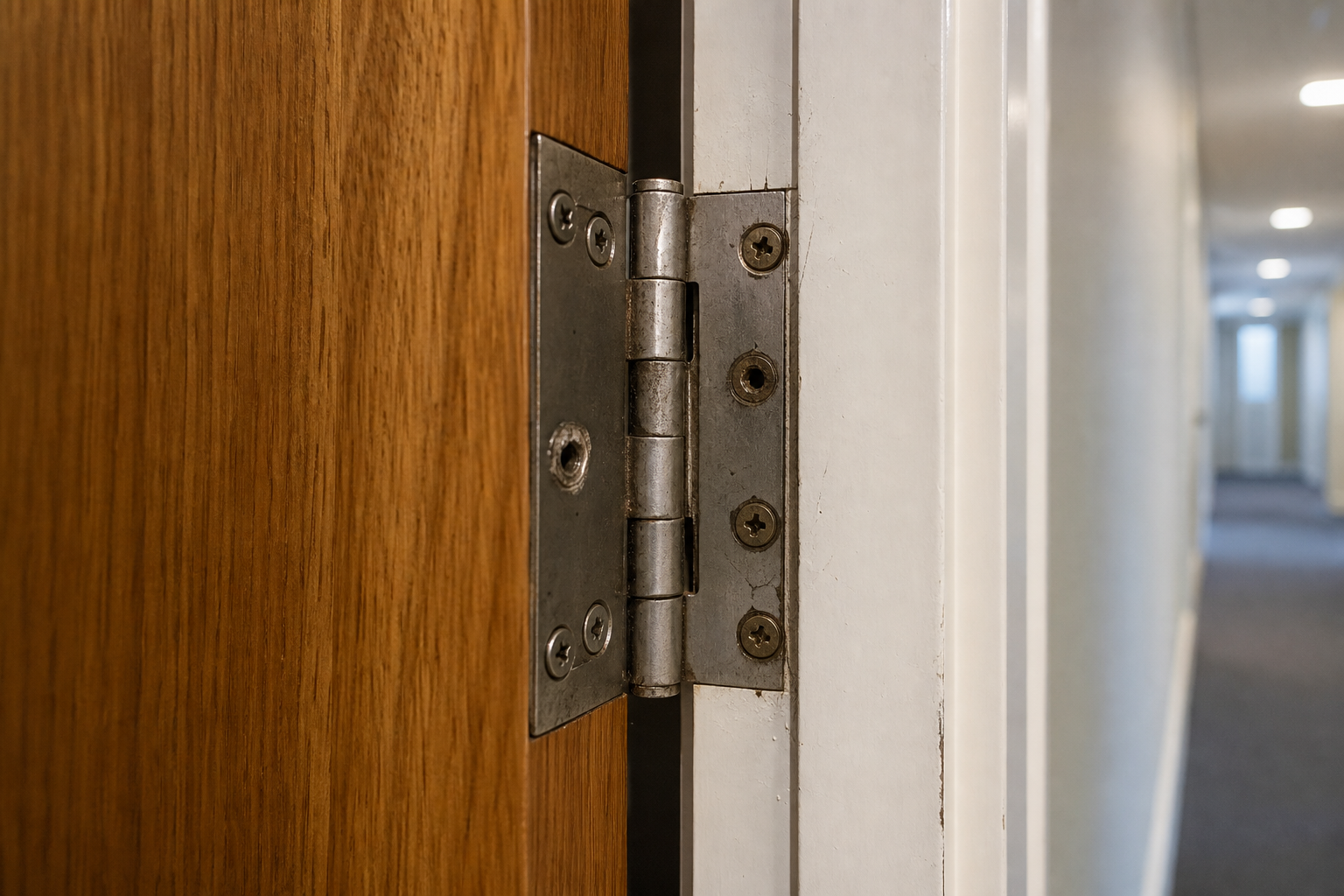 Close-up of worn or damaged fire door hinges