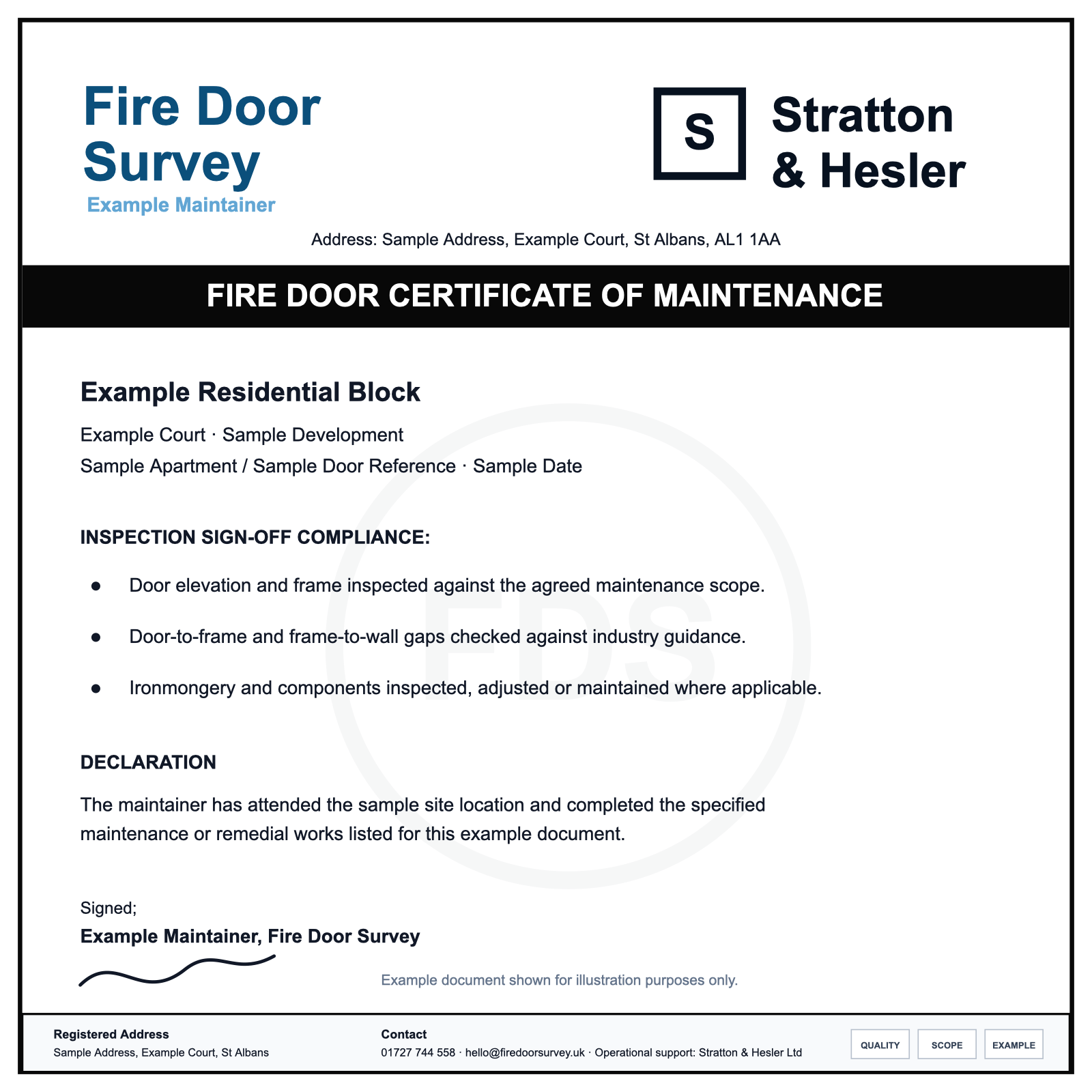 Anonymised example fire door maintenance certificate preview