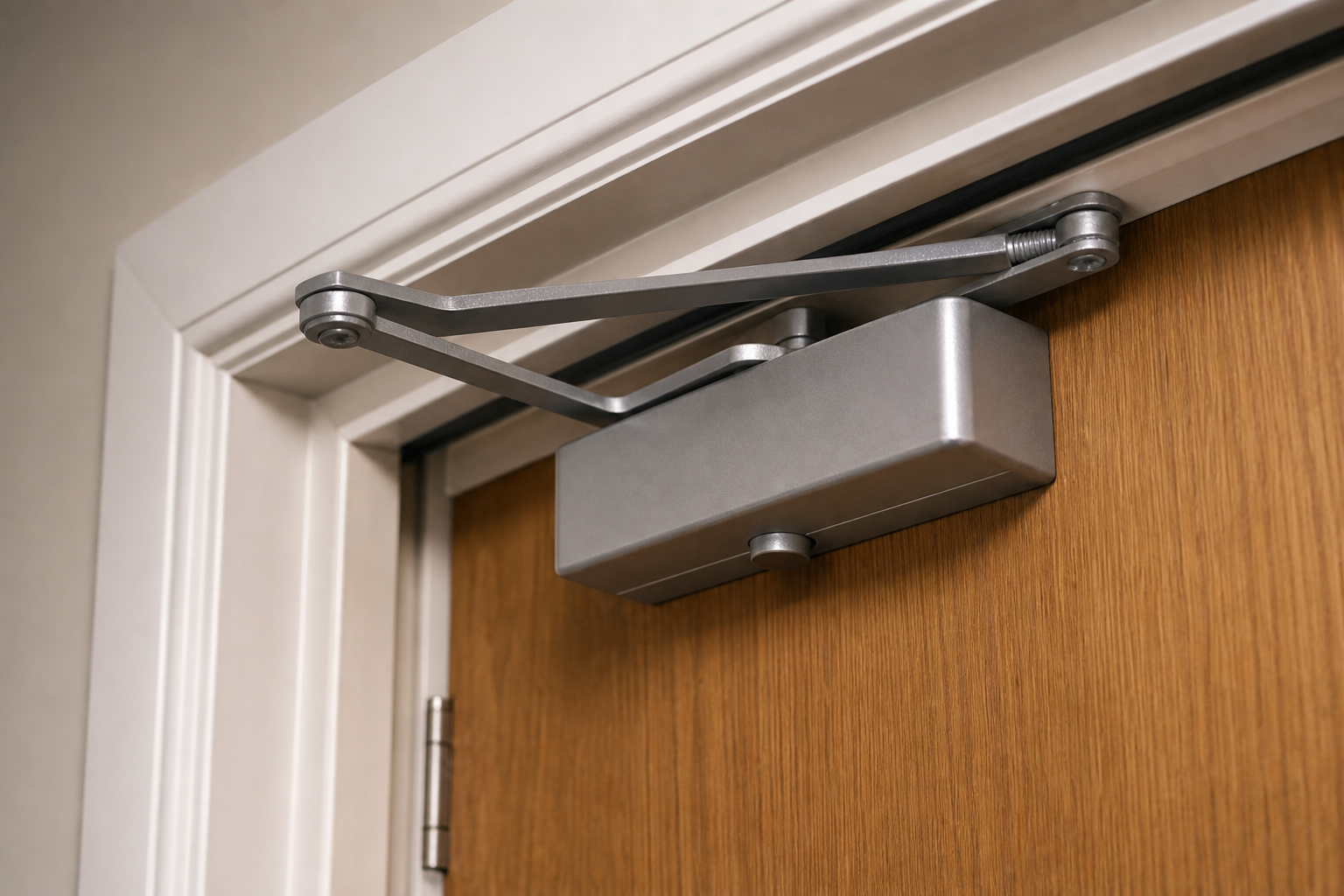 Close-up of a fire door closer requiring adjustment