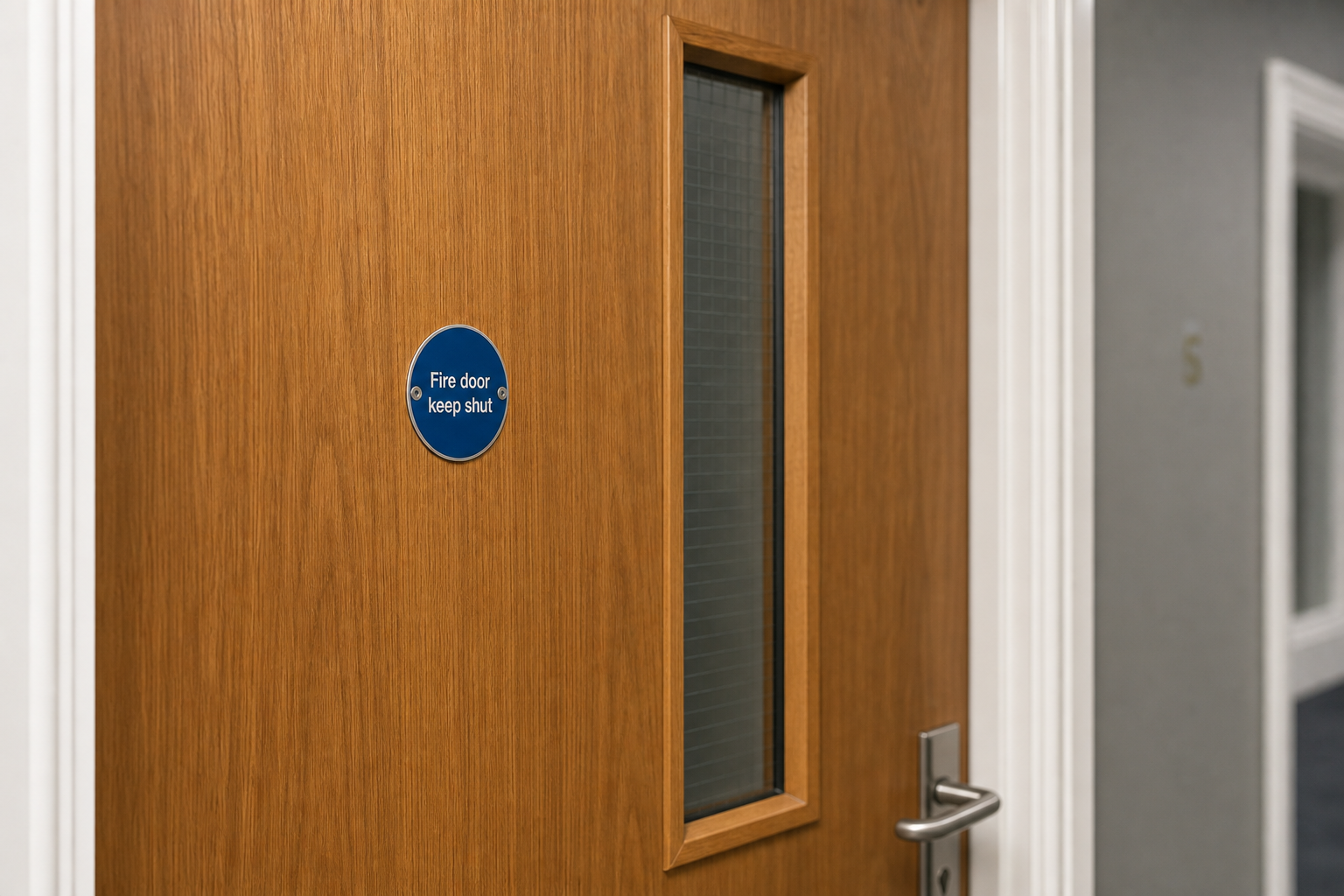 Close-up of fire door signage on a timber door