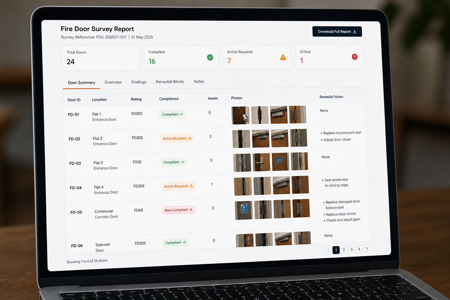 Example digital fire door survey report showing door records, photo evidence, compliance tags and remedial notes